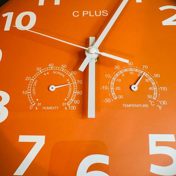 Orange Wall Clock With Temperature & Humidity Non Ticking Silent Battery Operate - Picture 7 of 11